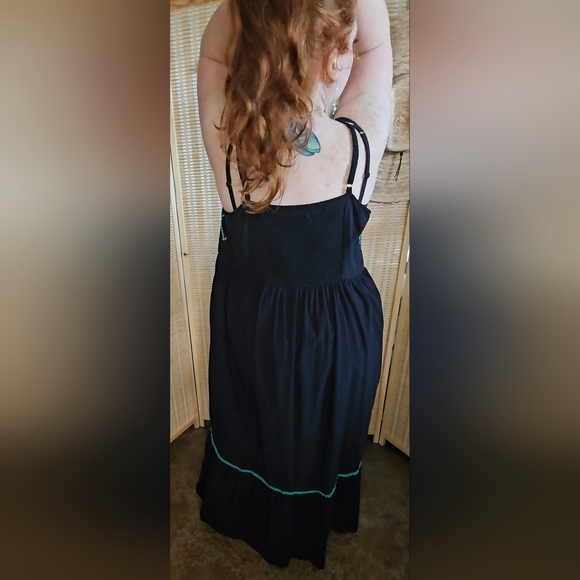 Black Cotton Maxi Dress with Green Geometric Embroidery, Ruffled Hem, Size 3X - Picture 6 of 9